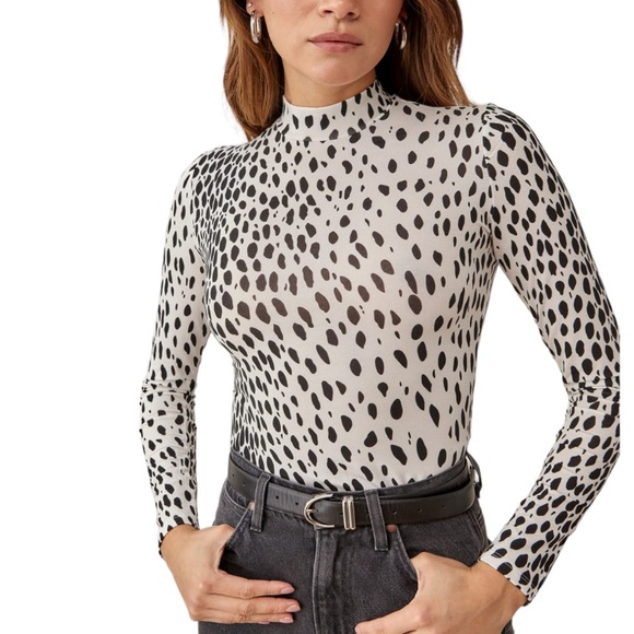 Reformation Tops - Reformation Bailey Cheetah Mock Neck Knit Top Long Sleeves Black White M NWT